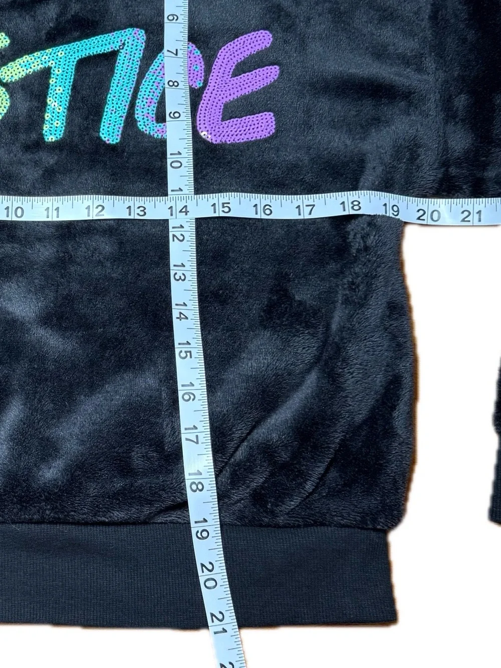 Justice Black Plush Crewneck Sweatshirt with Pink Teal Purple Logo
